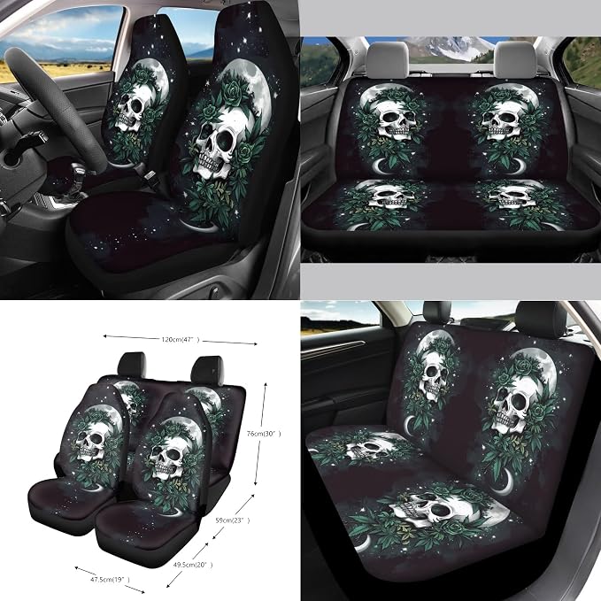 Moon Skull Rose Print Car Seat Cover Full Set of 15 Seatbelt Strap Pad Steering Wheel Covers Rear View Mirror Cover Trash Cans Air Vent Storage Bag Cup Coasters Keychain