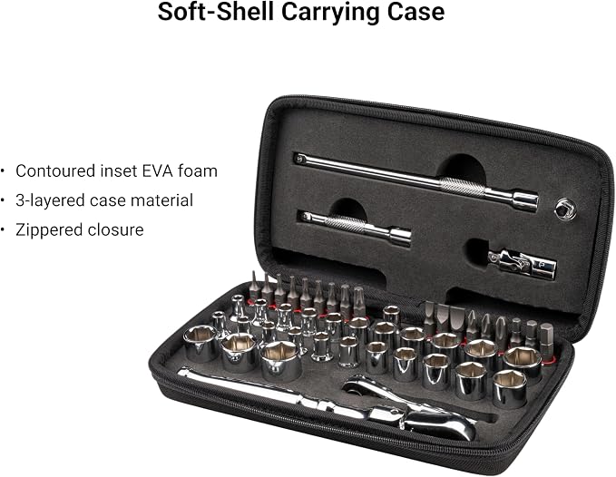 TEKTON 1/4 Inch Drive 12-Point Small Engine Shallow Socket, Bit, and Flex Head Non-Quick-Release Ratchet Set with Case (50-Piece) | SKT07907