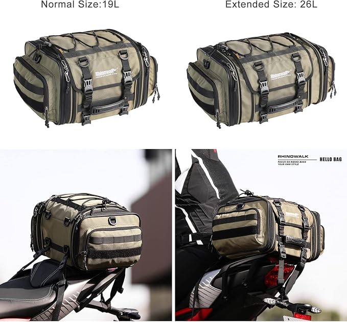 Rhinowalk Motorcycle Saddle Bag Motorbike Tail Bag Waterproof Expandable Pannier Bag Powersports Travel Luggage (Army Green，26L)