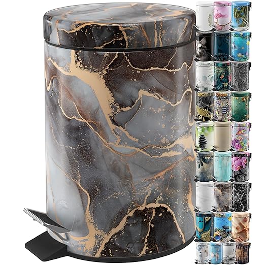 Sanilo Small Bathroom Trash Can with Lid [1.3 Gallon], Lidded Tiny Trashcan for Garbage, Mini Metal Bin with Soft Closing Mechanism, Bath Room Accessoire Wastebin with Inner Bucket (Marble Abstract)