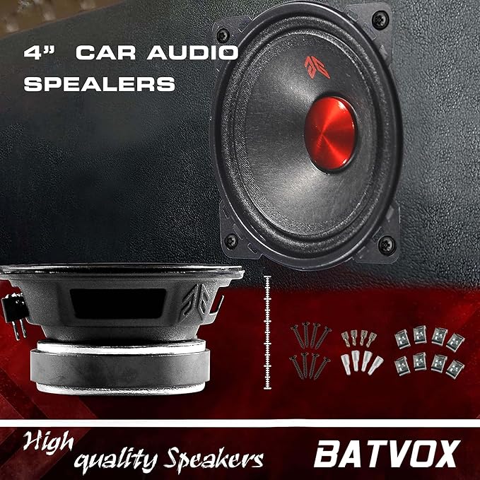 MX40P1 Midrange Loudspeaker 4" Red Dust Cap, 120W Max, 4 Ohms, Premium Quality Audio Door Speakers for Car or Truck Stereo Sound System, Black (2 Speaker)