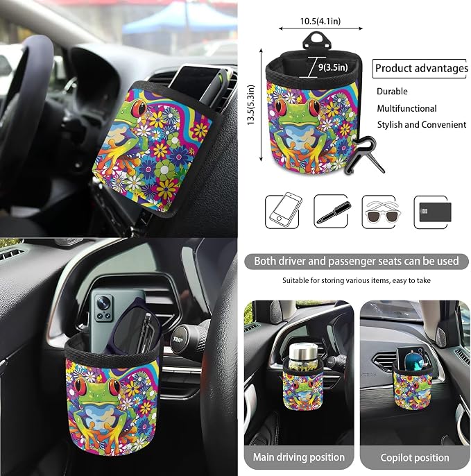 Hippie Frog Floral Print 15 Pack Car Seat Cover Set with Seatbelt Strap Pad Steering Wheel Covers Air Vent Storage Holder Coasters Trash Cans Rear View Mirror Cover Keychain