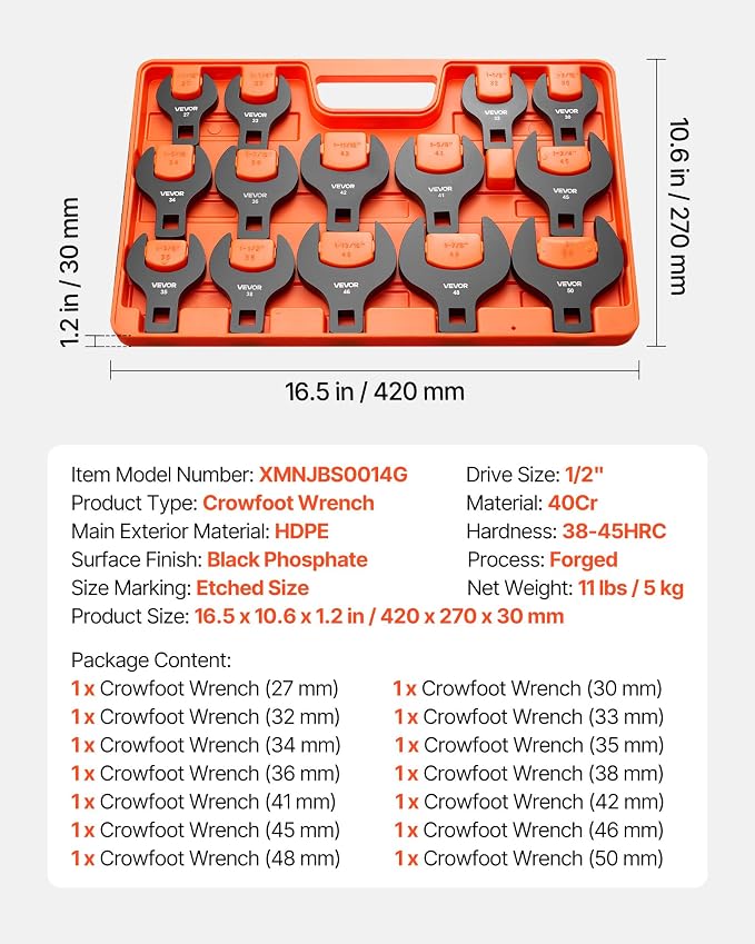VEVOR Crowfoot Wrench Set, 1/2" Drive, 14-Piece Metric 27 to 50 mm Crows Foot Wrenches, with Storage Tray, Dual Size Markings on Tools and Tray, for Auto Maintenance or Repairs