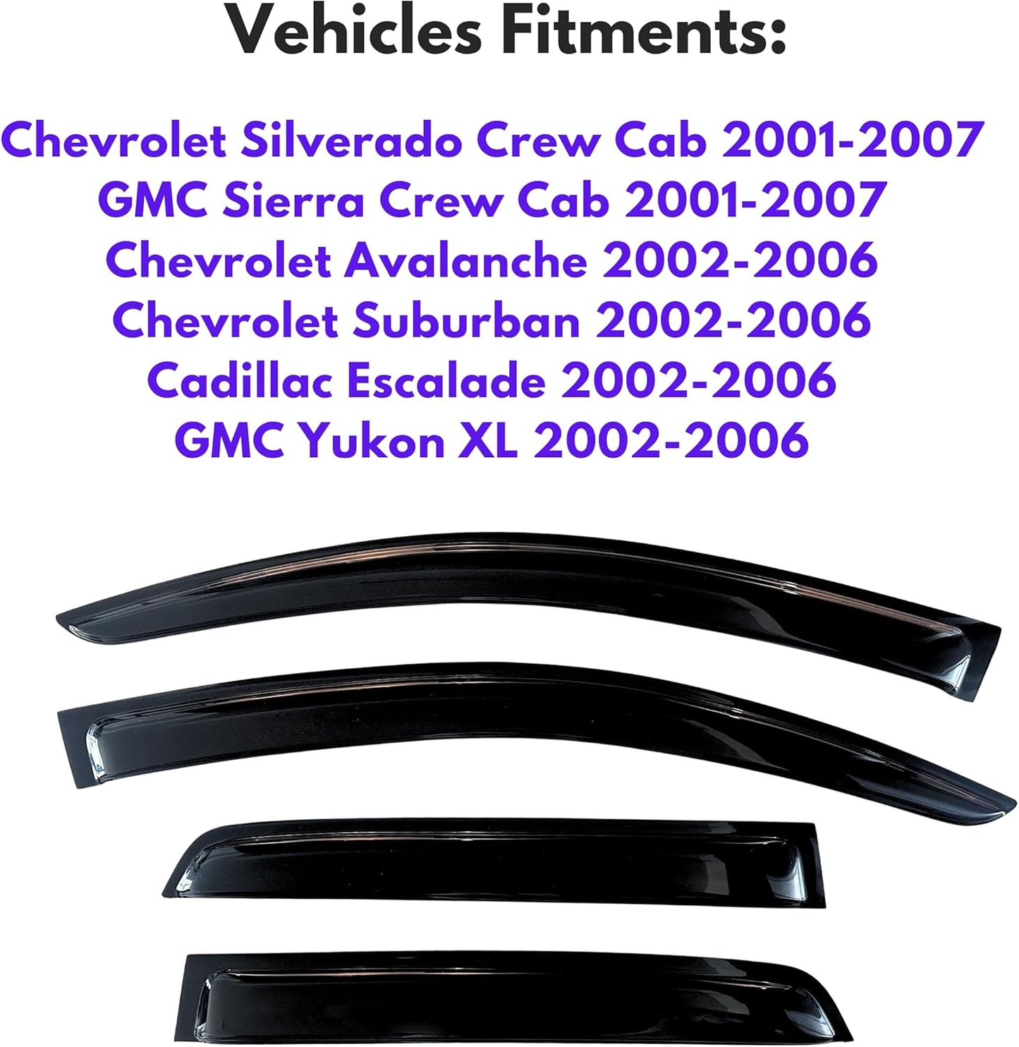 KPY Window Visor Compatible with 2001-2007 Chevy Chevrolet Silverado/GMC Sierra Crew Cab, 2002-2006 Avalanche/Suburban/Escalade EXT/Yukon XL, Rain Guard Side Vent Deflector 2002 2003 2004 2005 2006