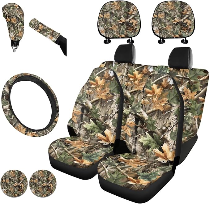 KEIAHUAN 11 Pieces Camo Hunting Design Car Accessories Set Automotive Rear Front Seat Cover, Steering Wheel Cover, Handbrake and Gear Shift Knob Cover, Headrest Covers, Coasters