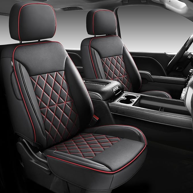 Custom Napa Leather Seat Covers for Chevy Silverado & GMC Sierra Crew Cab, 46-Split Flat Rear Bench Design, Compatible with 2019-2026 1500 and 2020-2026 2500HD 3500HD(Full Set, Black&Red)