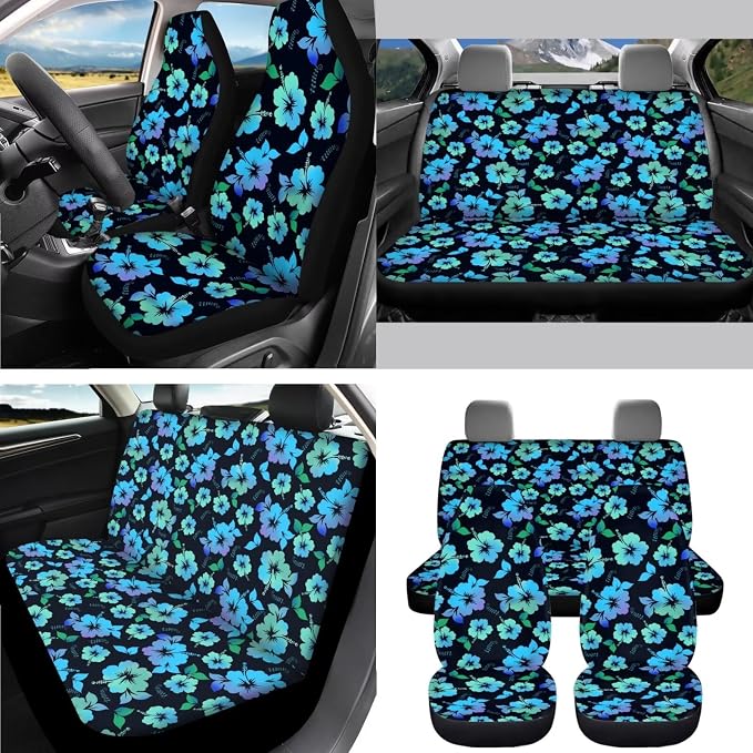 AFPANQZ Blue Tropical Flower Car Seat Covers Full Set for Women with Steering Wheel Cover + Seat Belt Strap Pads + Gear Shift Knob Handbrake Cushion Cupholder Coasters Luxury Auto Decor