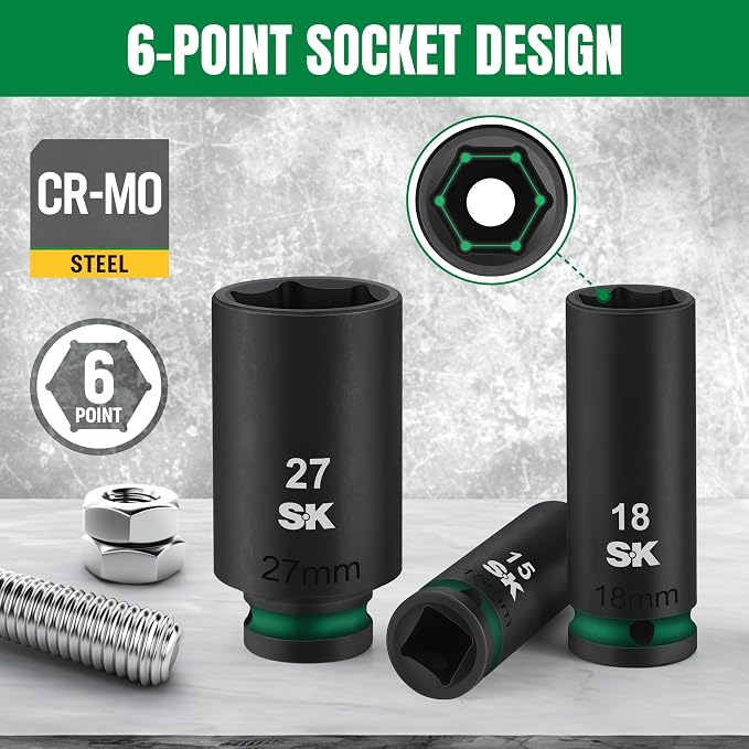 SK 1/2" Drive Impact Socket Set, Deep Metric Sockets, 13-Piece 12-27mm, Premium CR-MO Steel, SureGrip 6 Point Design, With Storage Case