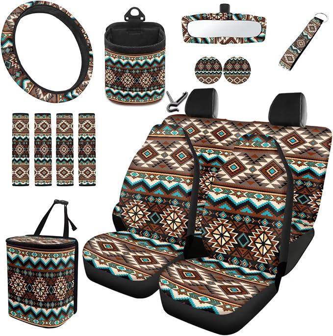 Dreaweet Navajo Seat Covers Full Set Native American Tribal Geometric Pattern Car Seat Cover Steering Wheel Cover Seat Belt Pads Trash Bag Vent Storage Bag Rearview Mirror Cover Coasters Keychain 15pc