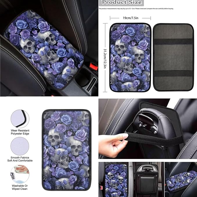 Purple Rose Skull Car Seat Covers Full Set 8 Pcs Car Accessories for Women Front Seat Cover Steering Wheel Armrest Cover Seat Belt Cover for Auto SUV Interior Decoration