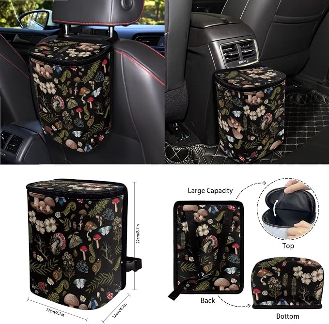 Cottagecore Mushroom Snail Moth Fern 15Pcs Car Seat Cover Full Set Car Steering Wheel Cover Seat Belt Cover Trash Bin Air Vent Storage Box Front Rear View Mirror Car Cup Holder Keychain