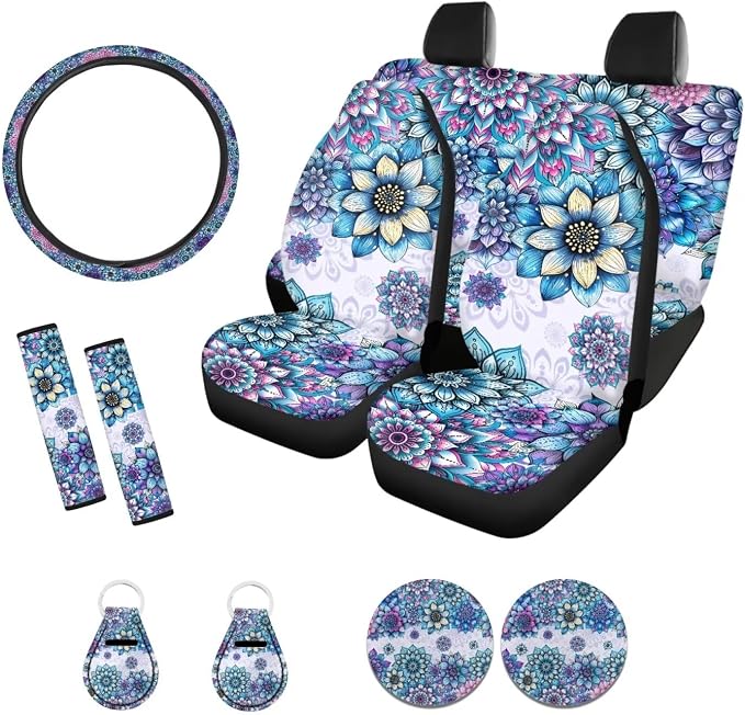 Suobstales Boho Mandala Print Car Seat Cover for Women Men Full Set SUV Interior Accessories Front/Back Bench Bucket Seat Cover,Steering Wheel Cover,Seat Belt Cover,Cup Holder Coasters,Keychain