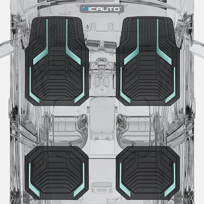 PIC AUTO Heavy Duty Rubber Floor Mats, Mint Aluminum Film Car Mats Set, Front and Rear Car Mats with Anti-Slip Backing, All Weather Protection, Trim-to-Fit for Automotive SUV, Sedan, Van