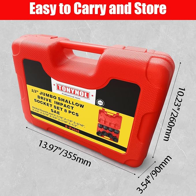 TONYNOL 1/2 Inch Drive Impact Jumbo Socket Set,6-Point,SAE(2-1/16" to 2-1/2"),8 Pcs,Cr-MO Steel,With a Storage Case