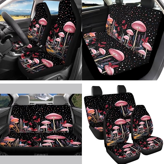 Cottagecore Mushrooms Car Accessory Universal Fit Mushroom Car Seat Cover Car Seatbelt Pads Steering Wheel Cover Handbreak Gear Shift Cushion Keychain Durable Auto Interior Protector