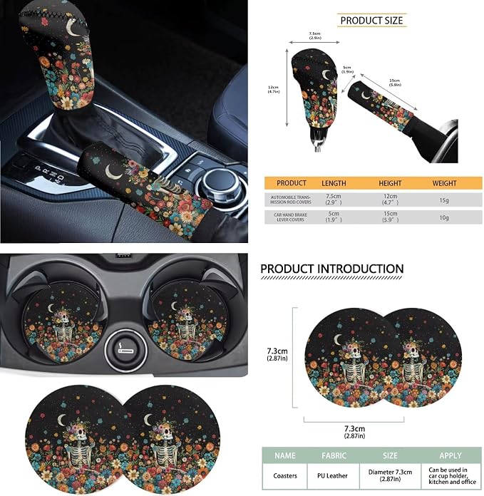 Skeleton Print Automotive Seat Covers Full Set Hippie Flower Print Front and Rear Split Bench Seat Cover Headrest Covers Steering Wheel Cover Safety Belt Pad Armrest Cushion