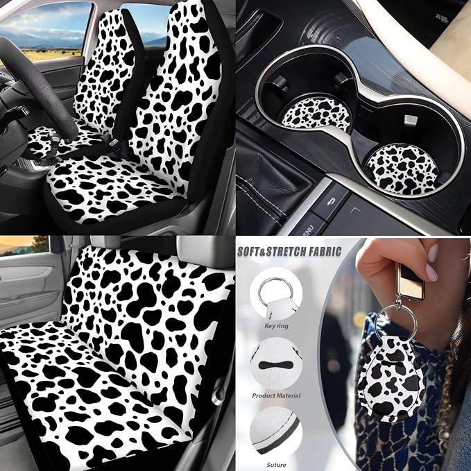 Cow Print Car Seat Covers Set 17 Pack,Cute Cow Print Car Accessories Set Full Sets with Vehicle Front Rear Carpets Mats,Steering Wheel Covers,Seat Belt Shoulder Pad Universal Fit Most Car SUV