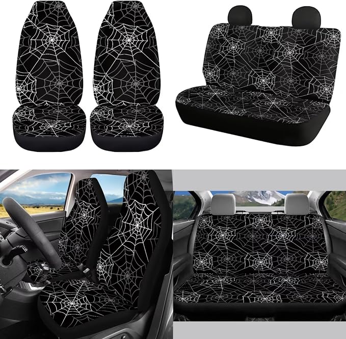 Black Spider Web Car Seat Covers Full Sets 14pcs,Halloween Car Accessory,Auto Coaster+ Keychain+Gear Shift Knob Handbreak Cover+Seatbelt+Car Rear View Mirror Cover for Women,Halloween Decor