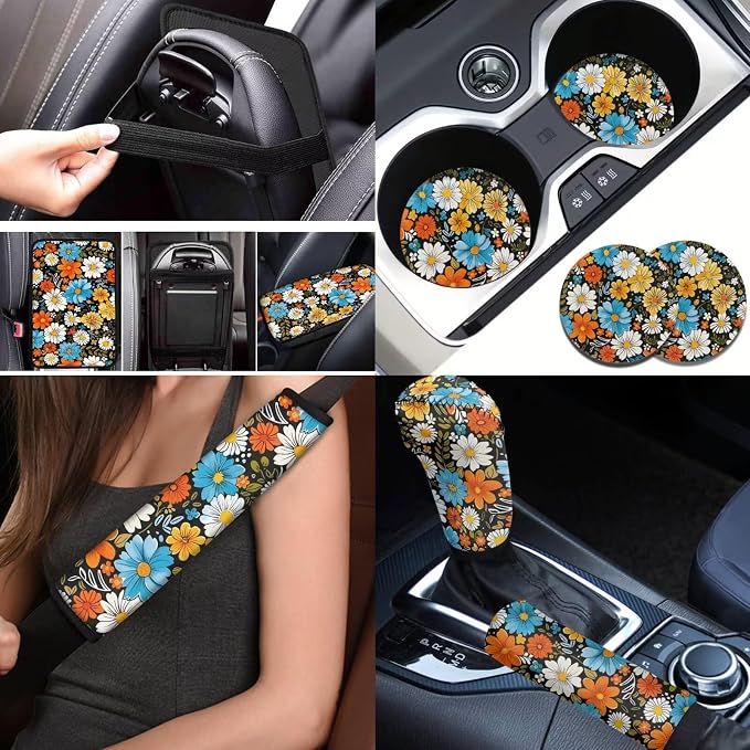 BIGCARJOB Hippie Daisy Print Car Seat Cover Set of 12 Pieces Stylish Daisy Print Car Accessories Set with Seat Belt Cover,Armrest Pads,Cup Holder Coaster,Universal Steering Wheel Covers