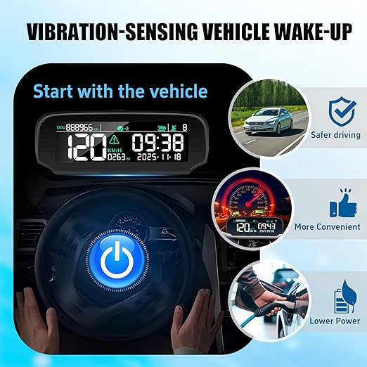 X100 Wireless Heads Up Display for Cars Solar GPS Digital Speedometer with LCD Screen Overspeed Alarm KMH/MPH Time/Altitude/Temperature/Speed Display, Vibration Wake-Up, Auto-Brightness Adjustment