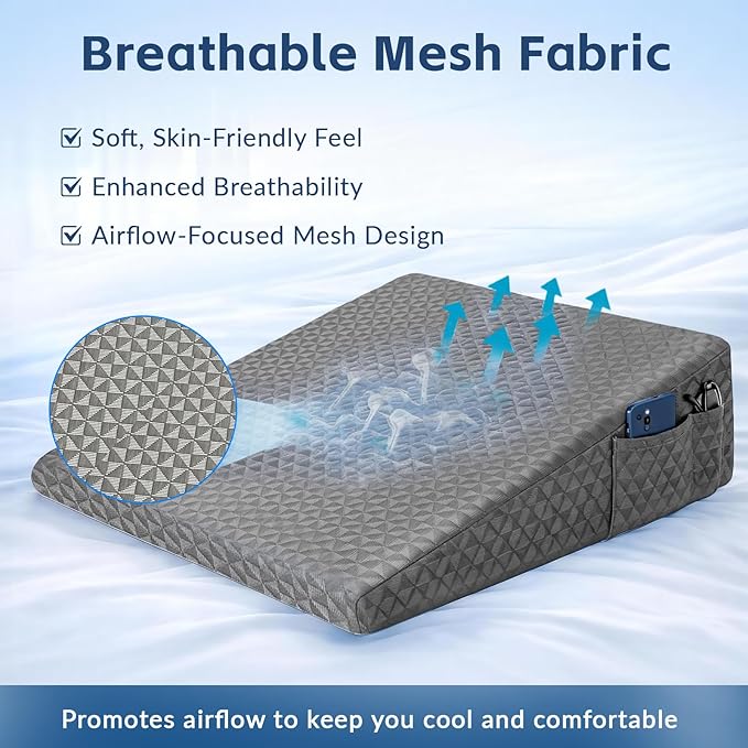 Wedge Pillow 7.5" Bed Wedge After Surgery, Back Pain Relief, Memory Foam Pillow Triangle Incline Wedge for Back Support, Leg Elevation（Grey）
