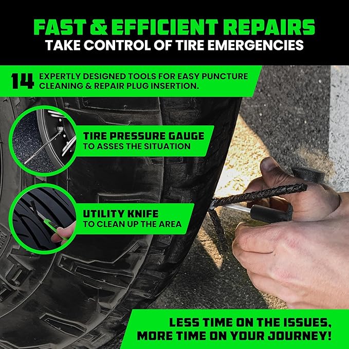 Rhino USA Compact Tire Repair Kit (14-Piece) – Heavy Duty Plug Set with Included Lubricant to Fix Punctures and Seal Flats – Tubeless Tool for Car, Motorcycle, ATV, UTV, RV & Trailer
