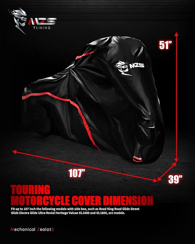 MZS Motorcycle Cover Waterproof Outdoor, 420D All Season Weather Touring Protection Cover Storage fit up to 107" Compatible With Road King Electra Street Glide Ultra Revial Heritage Vulcan Wing