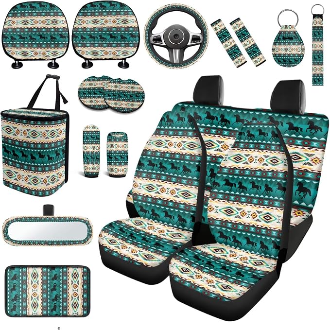 Navajo Tribal Car Seat Covers Full Set 18 Pieces Aztec Tribal Car Accessories Set Car Trash Can Steering Wheel Cover Car Headrest Covers Car Seat Belt Pads Cover,Easy to Install
