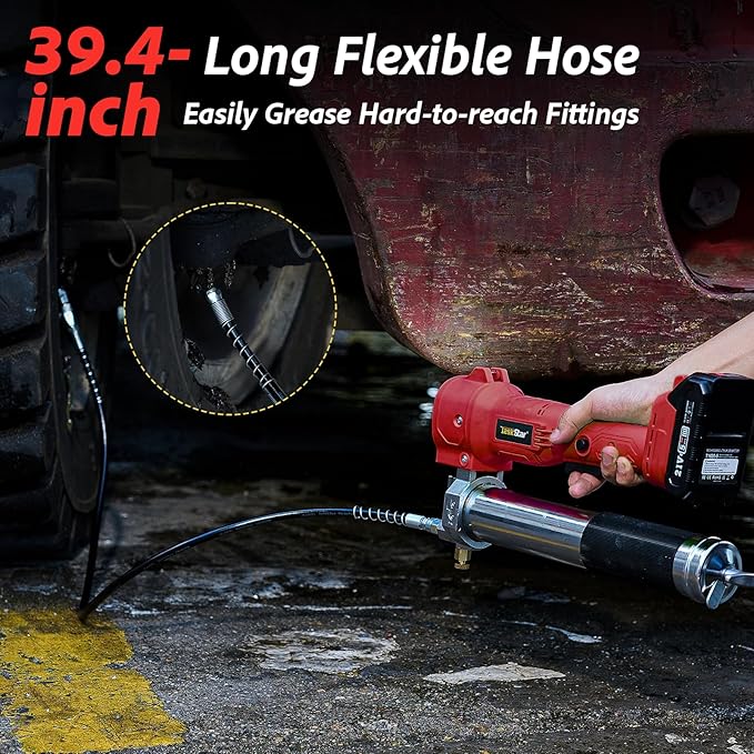 TaskStar Electric Grease Gun Cordless10000 PSI, Grease Gun Kit with 2×2.0Ah Batteries & Charger, 39.4" Flexible Hose & LED Light for Tractors Trucks Trailers Heavy Equipment Maintenance (Red)