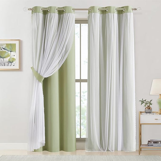 Bujasso Sage Green Blackout Curtains with Sheer Overlay Mix and Match Double Layer 90% Room Darkening Window Panels 95 inch Living Room Bedroom Green Drapes with Tiebacks Grommet Top 37" Wx95 Lx2