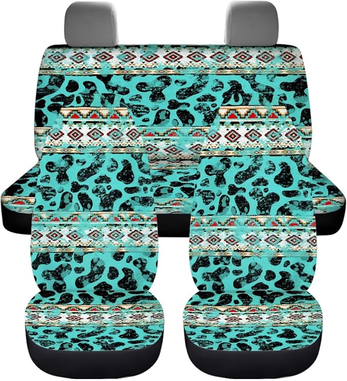Dreaweet Turquoise Aztec Cow Print Car Seat Covers Full Set with Steering Wheel Cover/Seat Belt Pad/Armrest Covers/Cup Coasters/Handbrake Cover/Gear Shift Knob Handbrake Cover,12 Pcs Set,Universal