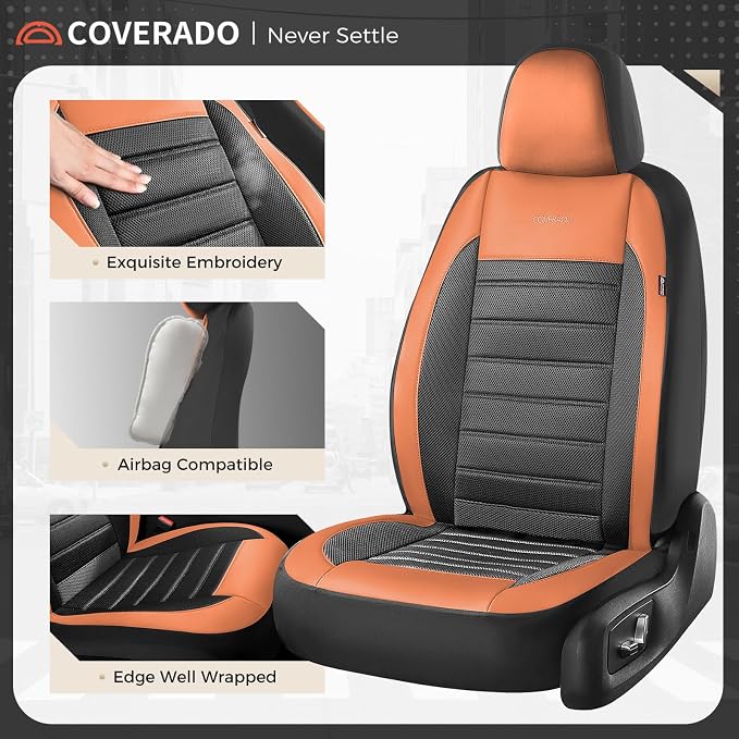 Coverado Car Seat Covers Front Seat, Luxury Leather Car Seat Protector, Automotive Front Mesh Seat Covers, Orange&Black Seat Cushion for SUV Sedan Truck