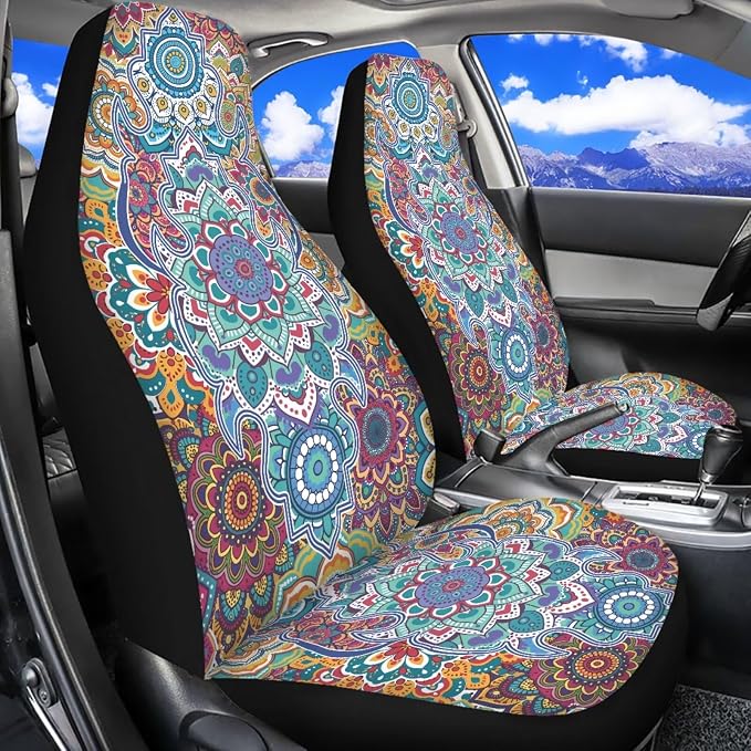 Art Mandala Car Seat Covers Set of 11 Car Front Seat Cover Steering Wheel Cover Rear View Mirror Cover Cup Coasters Wristlet Keychain for Most Cars, SUVs