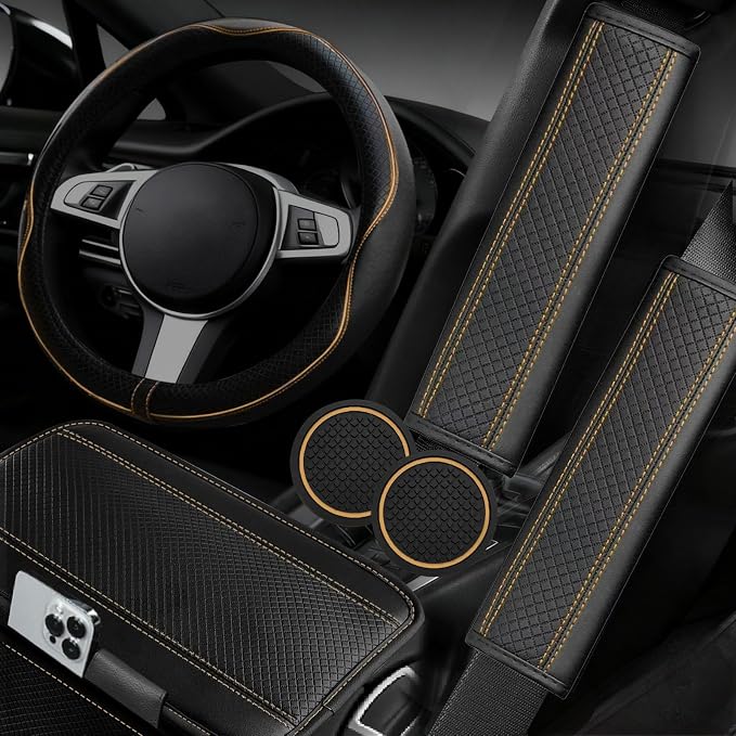 NBTEPEM 6 PCS Car Steering Wheel Cover Set, Microfiber Leather Steering Wheel Covers Universal 14.5-15 inch, Center Console Cover, Seat Belt Cushion, Cup Holder Coaster, Car Accessories Set Beige