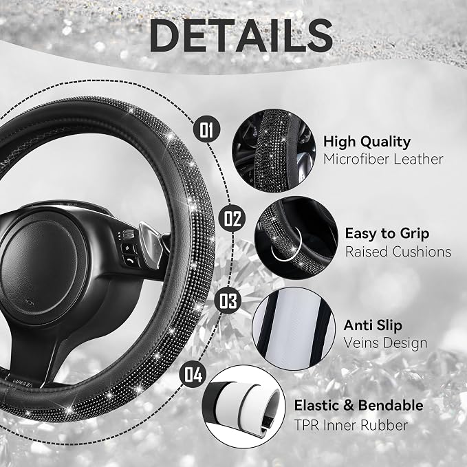 CAR PASS 30 PCS Bling Car Accessories Set for Women, Bling Steering Wheel Covers 15 Inch, Shining Rhinestone License Plate Frame, Sparkly Diamond Phone Holder, Car Mats Full Set, Black