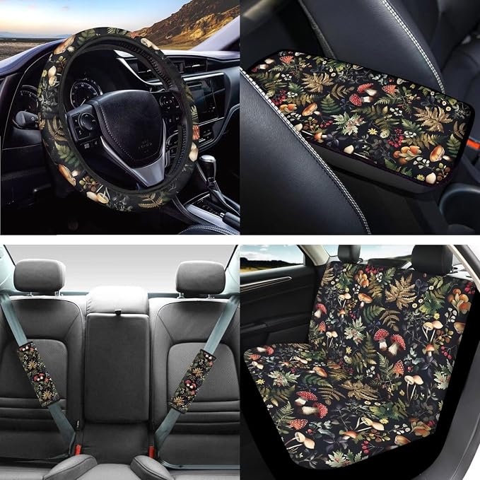 Mumeson Leaves Mushroom Car Seat Covers Full Set with Steering Wheel Cover + Seat Belt Strap Pads Shoulder Pad + Armrest Cushion for Car 8 Pack Set Car Accessories Decor