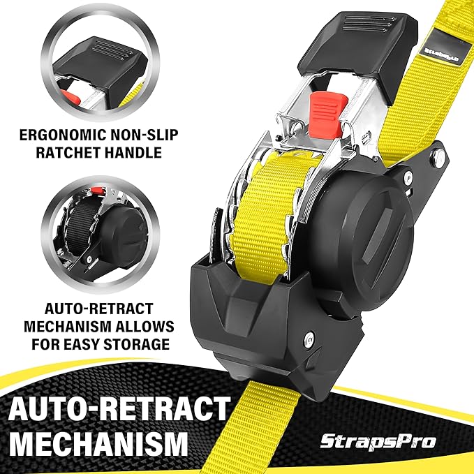 Retractable Ratchet Straps, 1763lb Break Strength Yellow Self Retracting Ratchet Straps Heavy Duty with Soft Loops, 1'' x 10FT Auto Tie Down Straps Easy Retract for Motorcycle, Truck, Cargo, 4 Pack