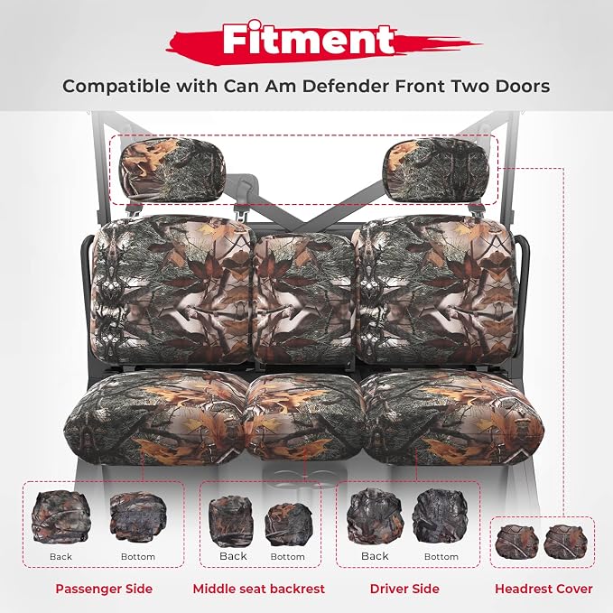 KEMIMOTO UTV Seat Covers Camo Split Bench Compatible with Can Am Defender | Scratch-resistant 1680D oxford fabric, Waterproof,Easy to Clean, hook and loop,w/Headrest Cover Front Two Doors Split Bench