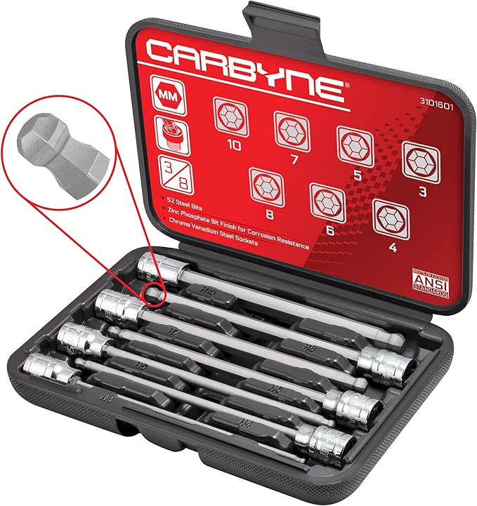 CARBYNE 7-Piece Extra Long Ball End Hex (Allen) Bit Socket Set, Metric 3mm to 10mm, 3/8 in. Drive, S2 Steel, CrV Sockets, Zinc Phosphate Bit Finish, 6.1 in. Length, Durable Case