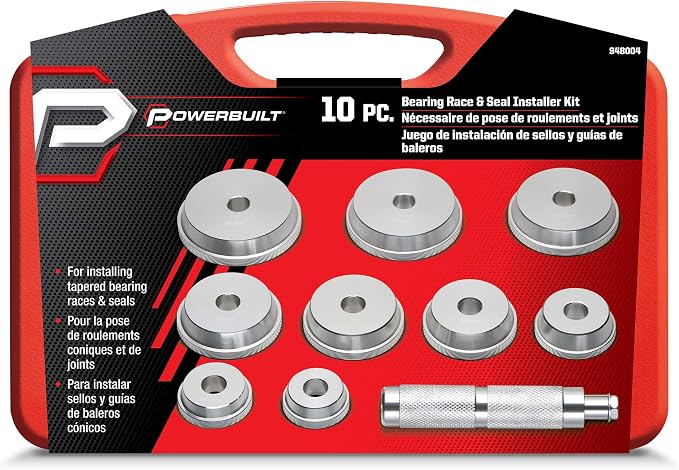 Powerbuilt 10 Pc. Master Bearing Race and Seal Driver Kit – Includes 9 Precision Wheel Inserts (1.565" to 3.180") for Easy Installation and Removal of Races and Seals – 948004