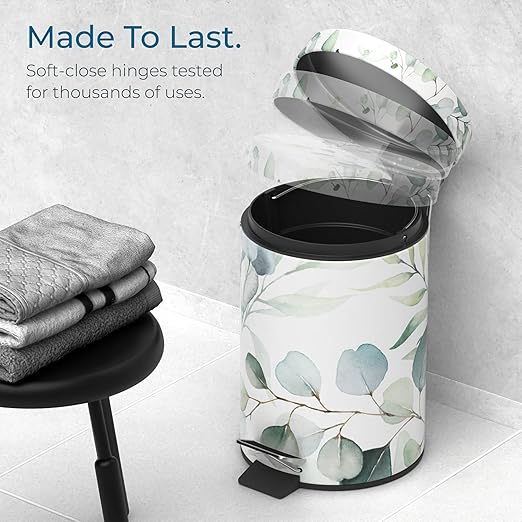 Sanilo Small Bathroom Trash Can with Lid [1.3 Gallon] - Lidded Tiny Trashcan for Garbage - Mini Metal Bin with Soft Closing Mechanism - Bath Room Accessoire Wastebin with Inner Bucket (Eucalyptus)