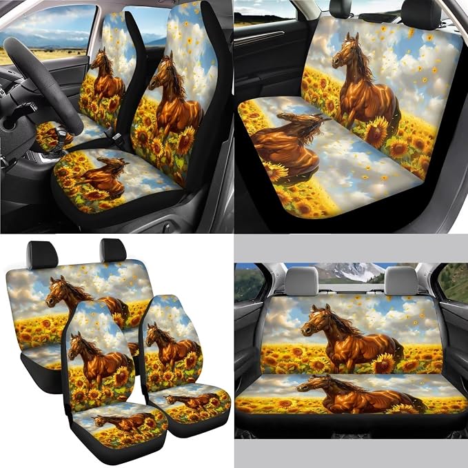 Horse Sunflower Pattern 13 Pieces Car Accessories, Front and Rear Seat Covers Full Set + Soft Steering Wheel Cover + Safe Belt Covers + Coasters with Notch Wear Resisting Interior Covers