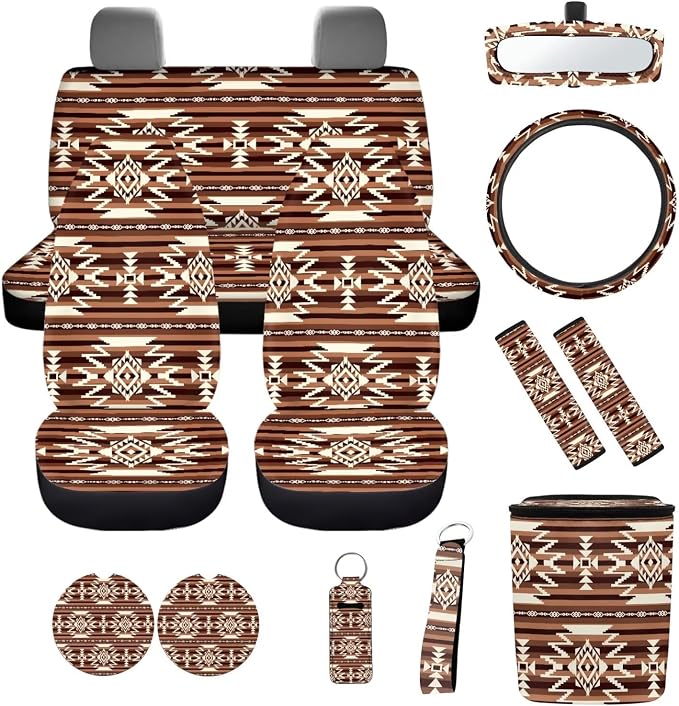 Brown Aztec Car Seat Covers Full Set of 12 with Steering Wheel Cover Seat Belt Pads Car Trash Can Soft Rear View Mirror Cover Coasters Keychain Holder Keychains