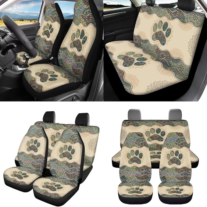 8 Pcs Boho Dog Paw Car Seat Covers Full Set Car Accessories for Women Front Seat Cover Steering Wheel Armrest Cover Seat Belt Cover for Auto SUV Interior Decoration