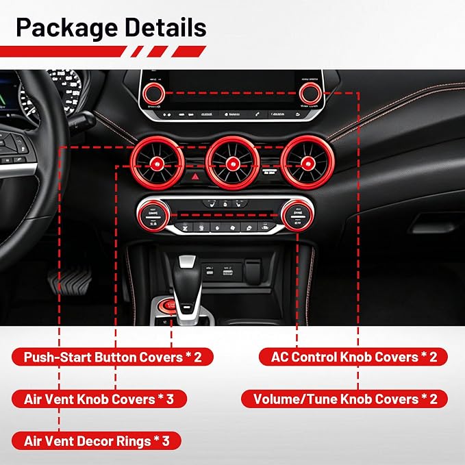 Interior Decoration Accessories for Nissan Sentra (2020-2025) - 12-Pieces Aluminum Alloy Ring Knob Cover Trim, Fits Push Start, A/C, Air Vent, & Volume Tune, 12PCS Set, Red