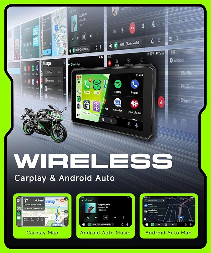 Motorcycle CarPlay Screen 5 Inch Wireless Carplay Android Auto for Motorbike with Removable Bracket, IP68 Waterproof Touchscreen, Supports GPS Navigation Bluetooth