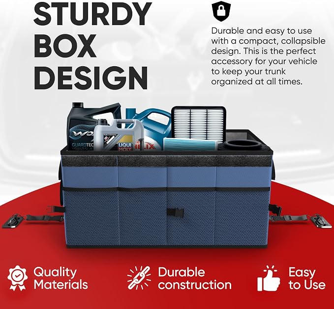 FORTEM Car Trunk Organizer (Blue, Standard) + Ratchet Straps