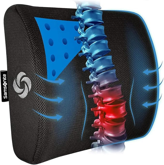 Samsonite Memory Foam Lumbar Support Pillow for Office Chair, Gaming Chair & Car Seat Automotive Use, Home Office Essentials for Sitting Comfort and Posture Relief Back Support, Black with Cooling Gel