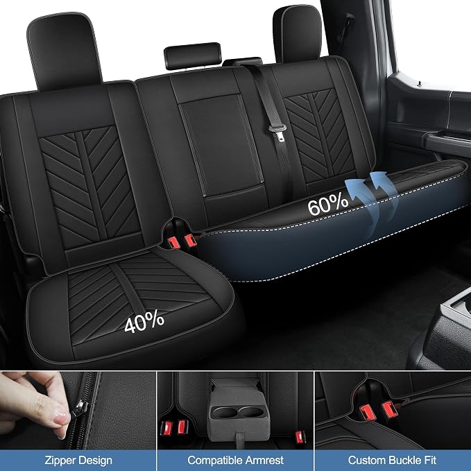 for Ford F150 2009-2026 Seat Covers F250 F350 F450 2017-2026 | Super Duty Faux Leather Full Set XL XLT Lariat Platinum STX Cab, Lumbar Support Seat Protectors (5 Seats, Black)
