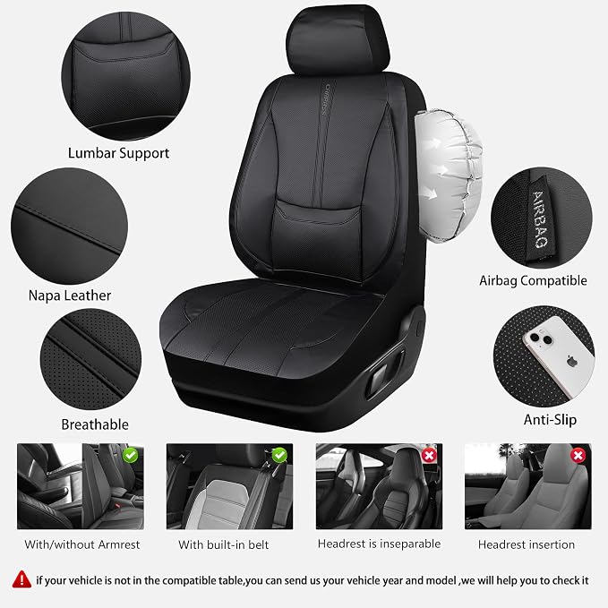 CAR PASS 3D Foam Support Black Leather Car Seat Covers Front Seats,Waterproof Faux Leather Front Seat Cover for Car,Universal Fit Anti-Slip for SUV Truck,Rubber Floor Mats for Cars